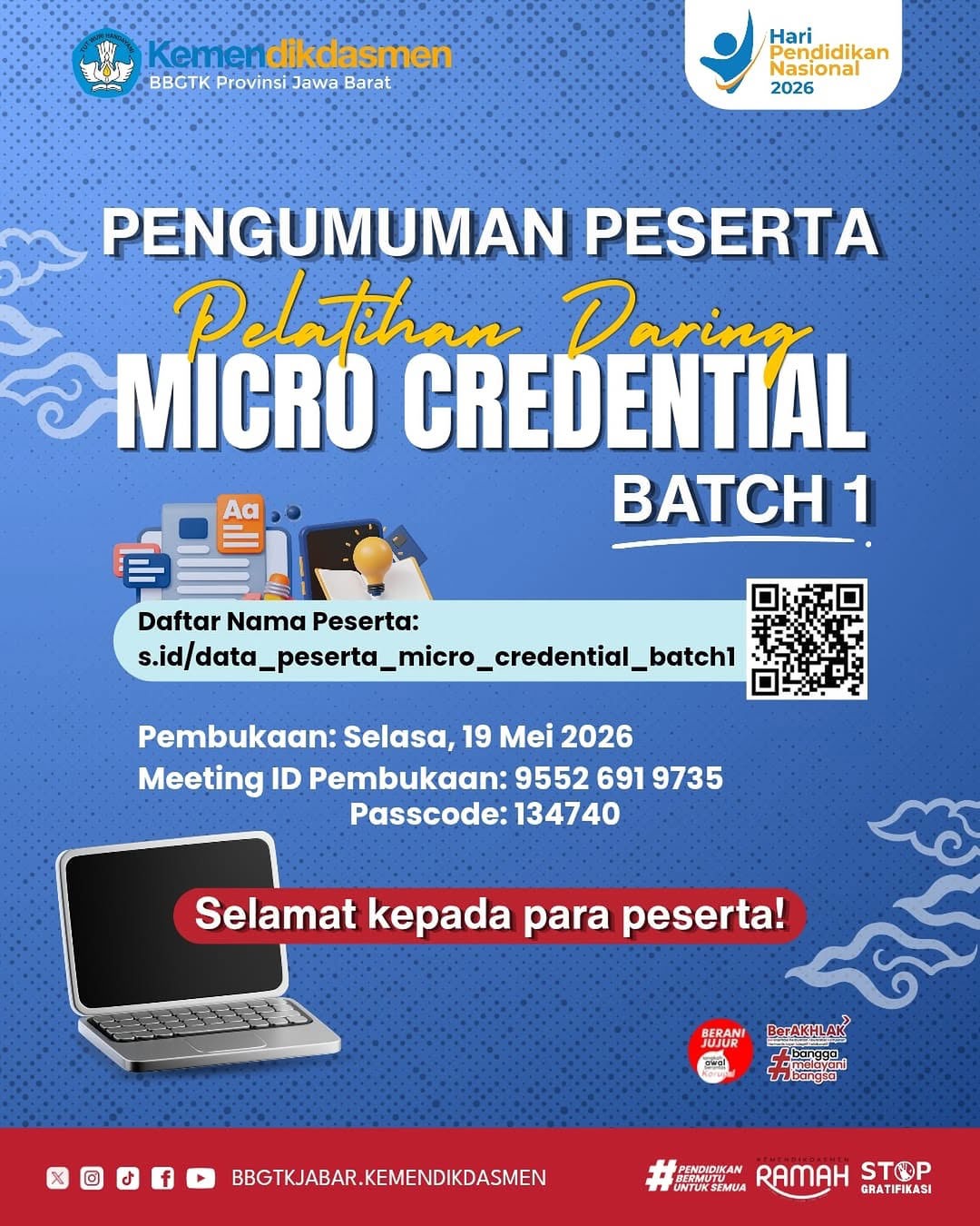 📢 Pengumuman Peserta Pelatihan Daring Micro Credential Batch-1 BBGTK Jawa Barat